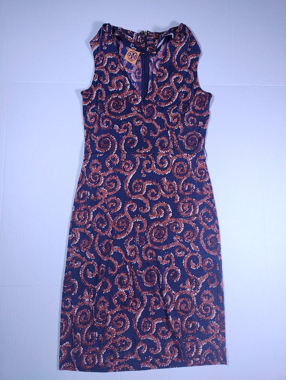 Tory Burch Nicola Navy Brown Paisley Sapello 100% Silk Mini Sheath Dress S